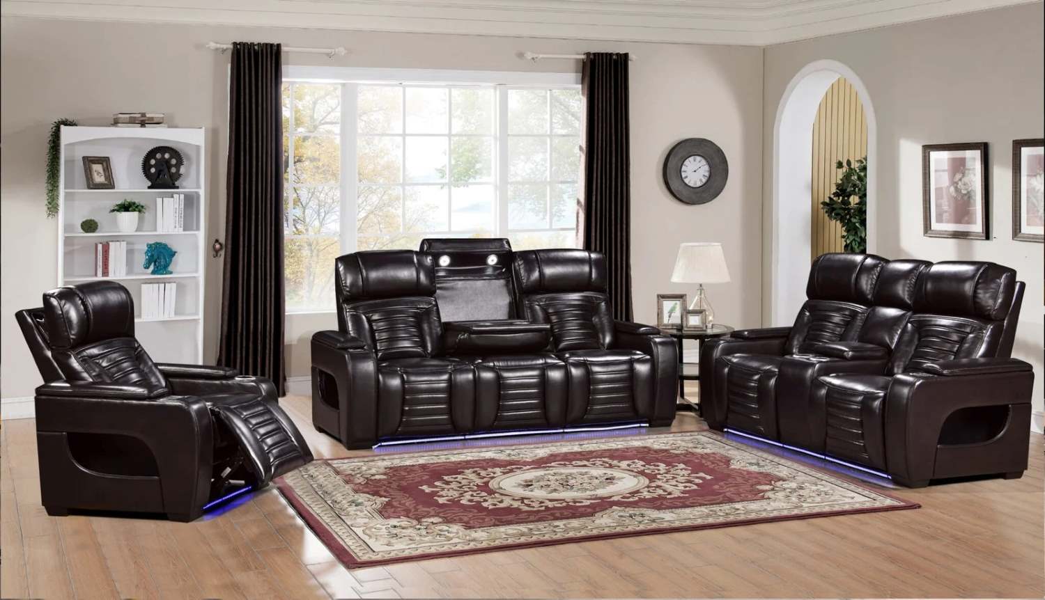 Brown Air Leather Power Recliner Sofa Set with LED & USB Charging Port 10279
