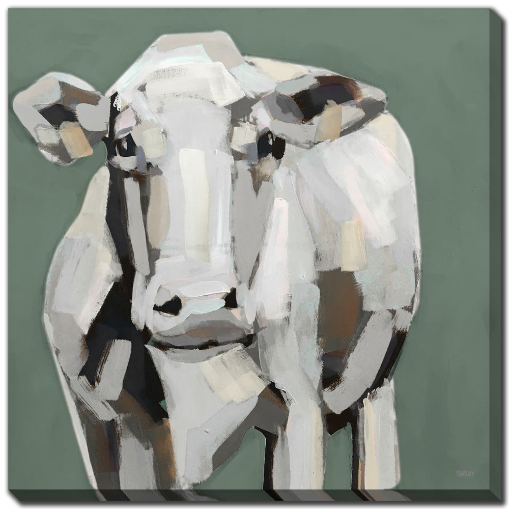 Neutral Cow on Green / Blue 2 PC canvas art