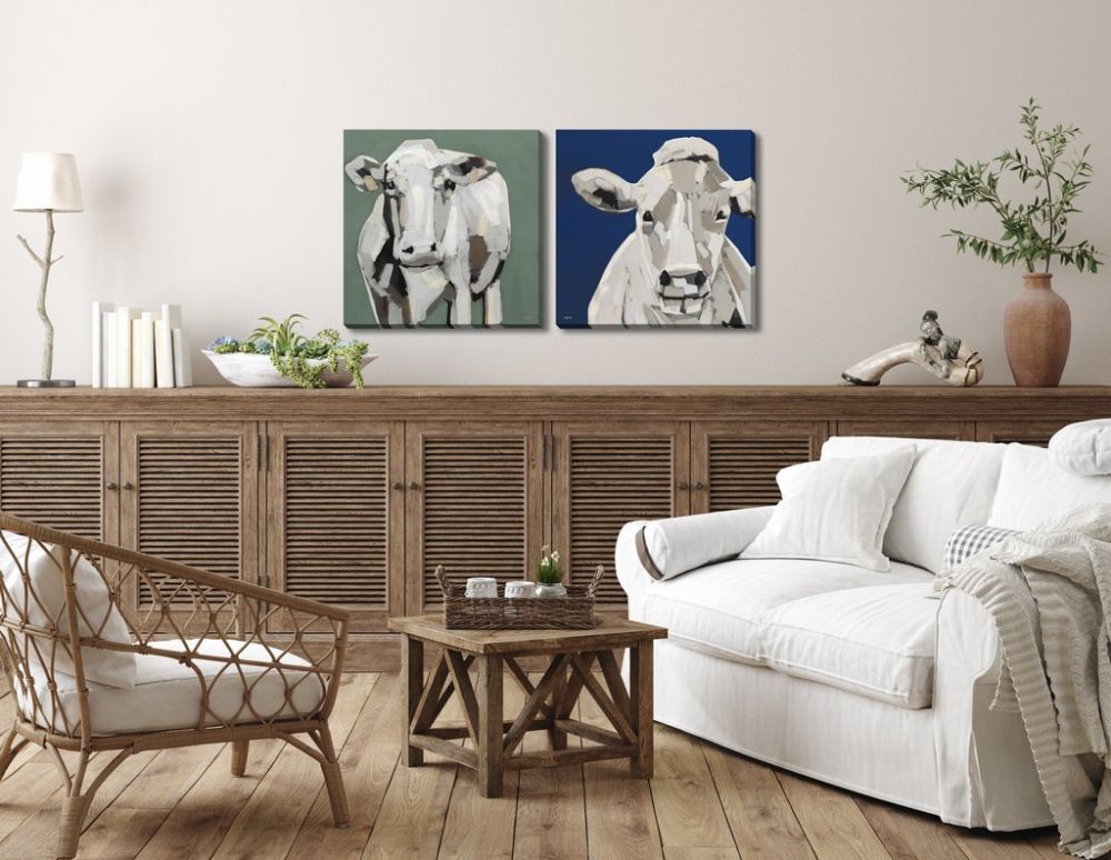 Neutral Cow on Green / Blue 2 PC canvas art