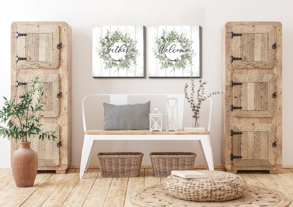 Welcome / Gather Wreath 2 PC Canvas Art