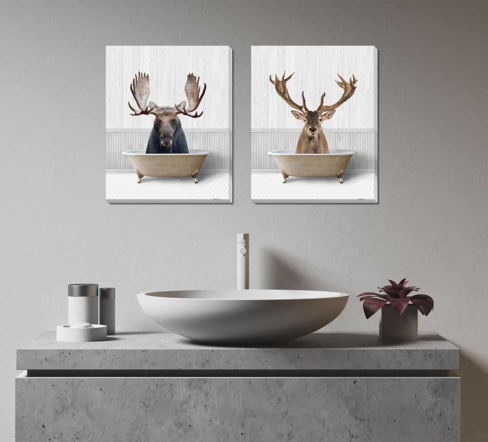 Bath Time Moose / Deer 2 PC canvas art