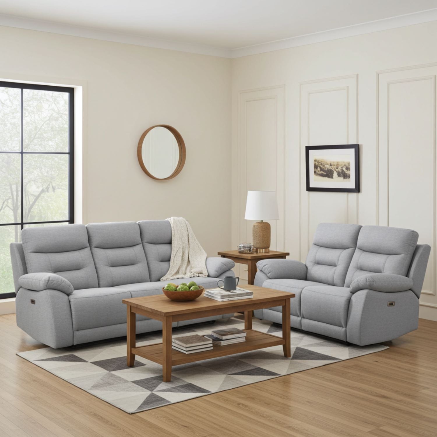 Calypso Grey Fabric Power Recliner Sofa Set with Drop-down & Cup Holders 1407