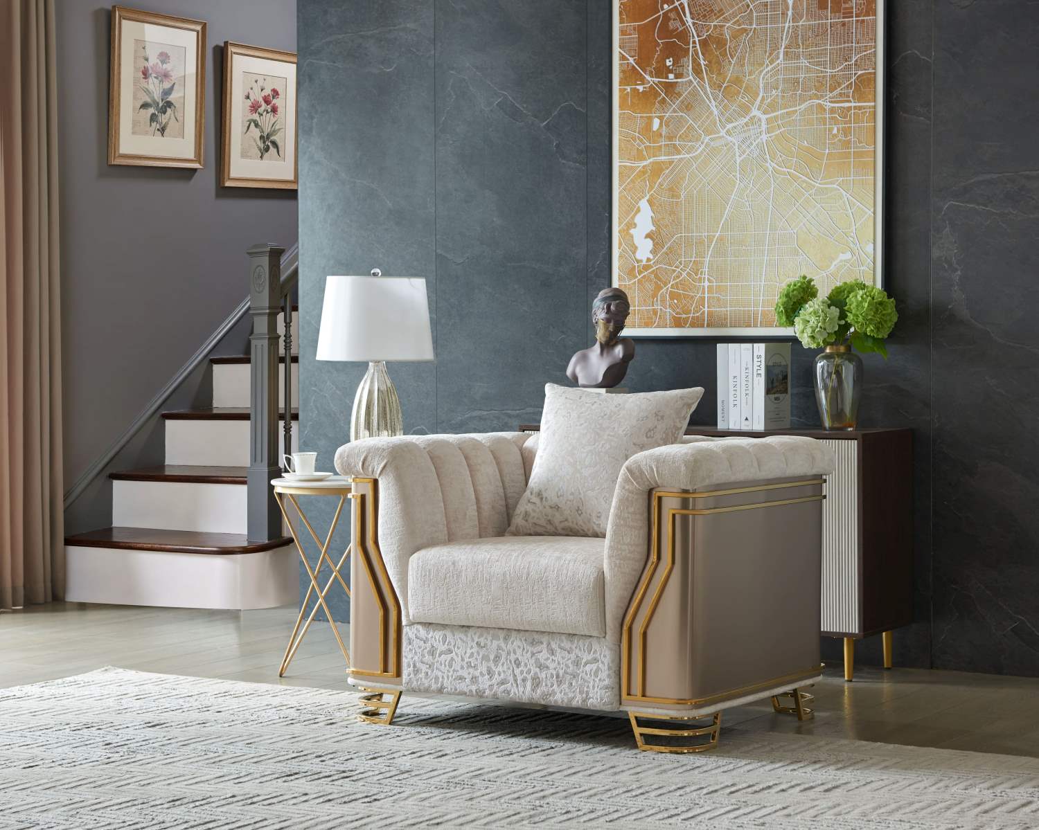 Chateau Beige Fabric Sofa Set with Gold-tone Accents 8625