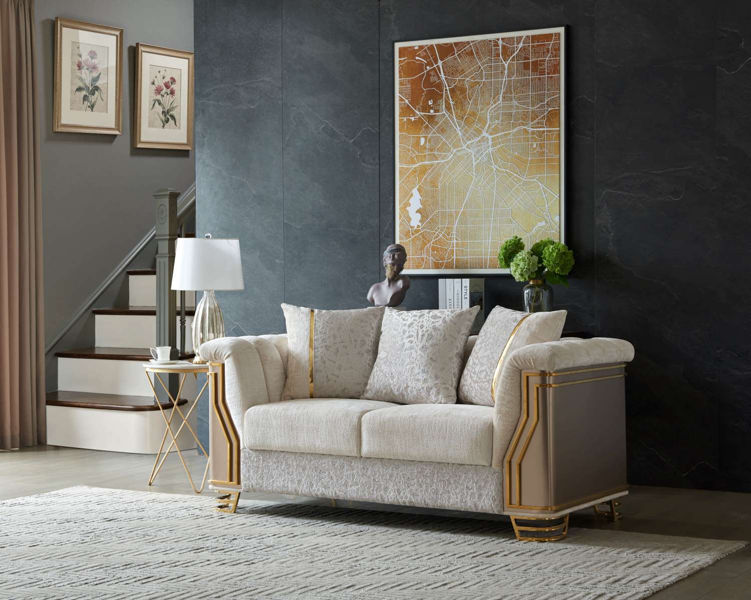 Chateau Beige Fabric Sofa Set with Gold-tone Accents 8625