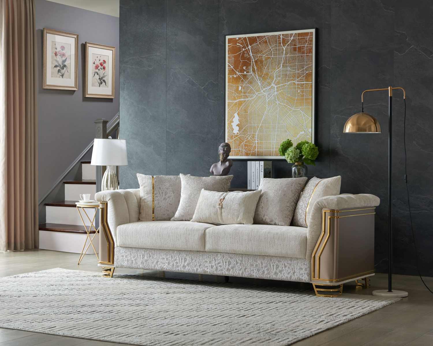 Chateau Beige Fabric Sofa Set with Gold-tone Accents 8625