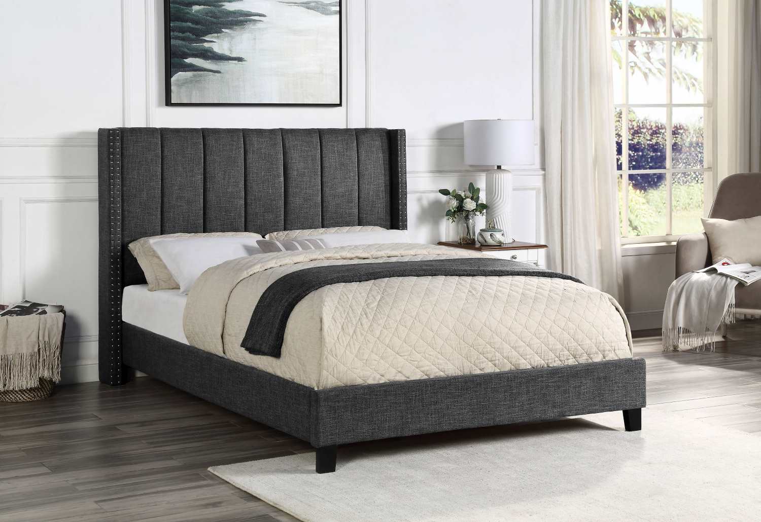 Clara Dark Grey Linen Fabric Bed with Channel Tufted Headboard 5831