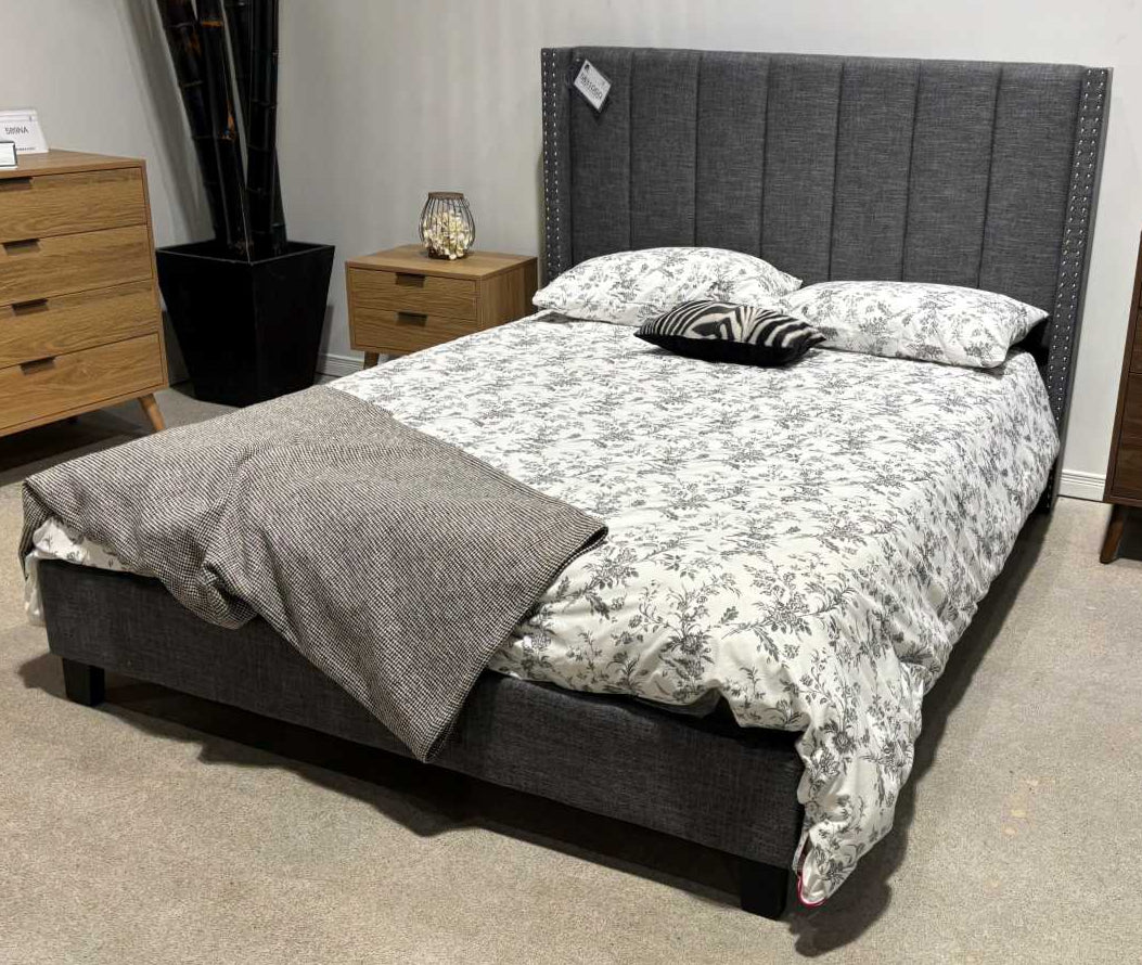 Clara Dark Grey Linen Fabric Bed with Channel Tufted Headboard 5831