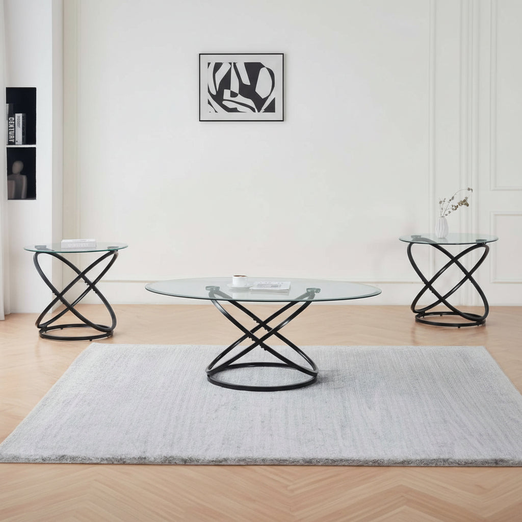 Clear Tempered Glass Top Coffee Table Set with Black Steel Base 2641