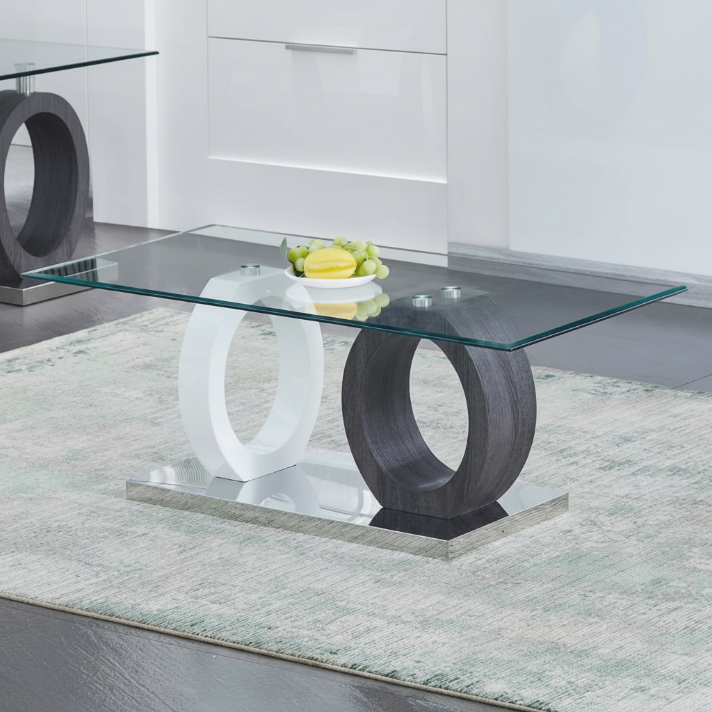 Clear Tempered Glass Top Coffee Table with White & Grey Base 2652