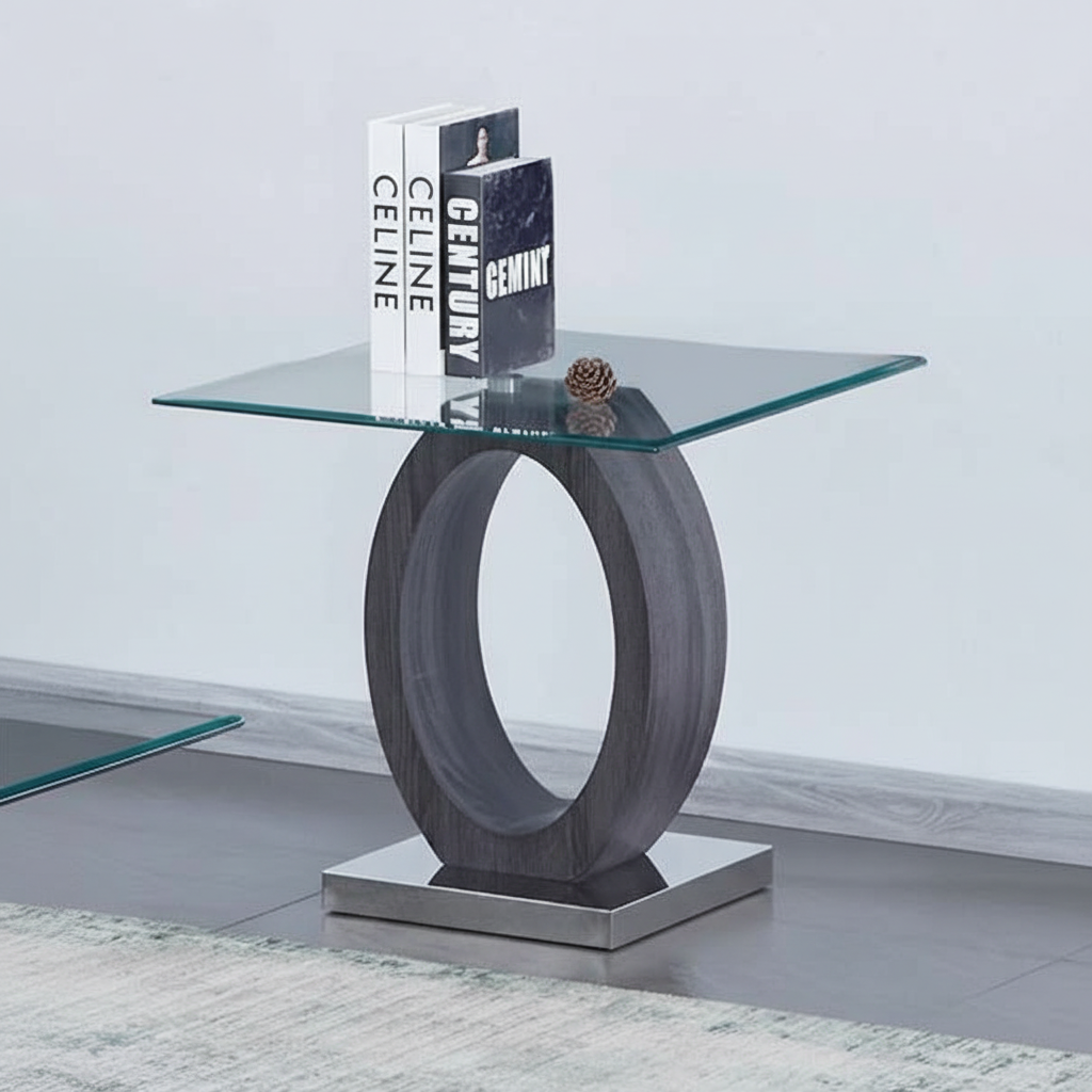 Clear Tempered Glass Top End Table with Grey Base 2652