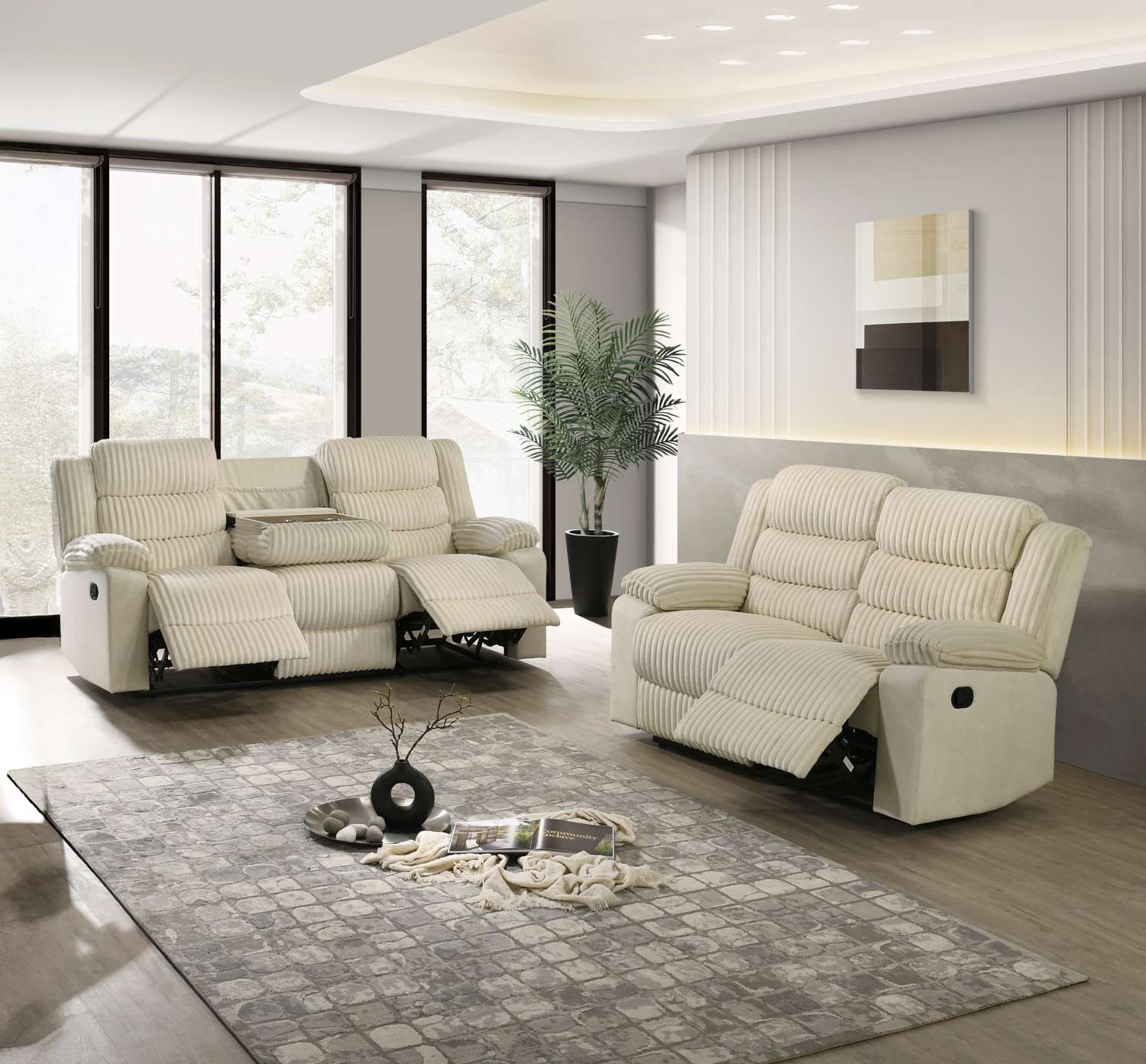 Comfort Cream Velvet Corduroy Fabric Manual Recliner Sofa Set 3665