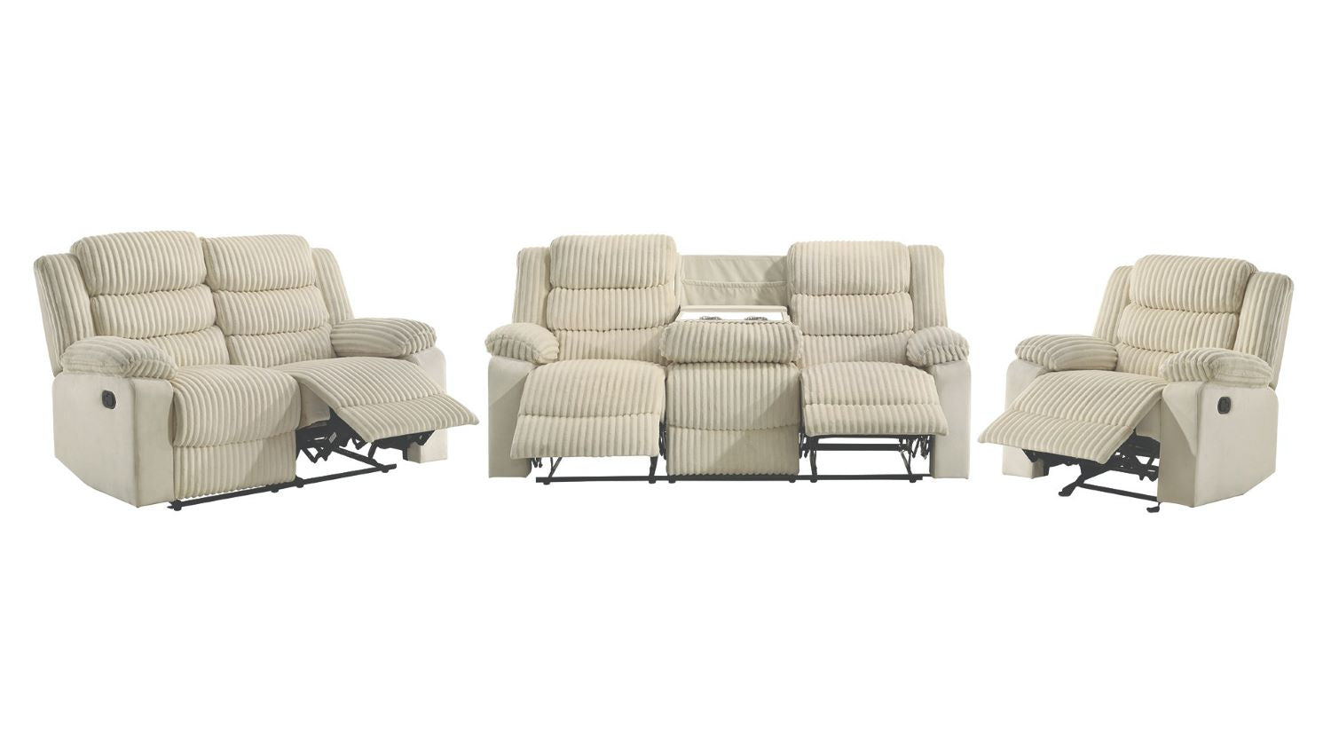 Comfort Cream Velvet Corduroy Fabric Manual Recliner Sofa Set 3665