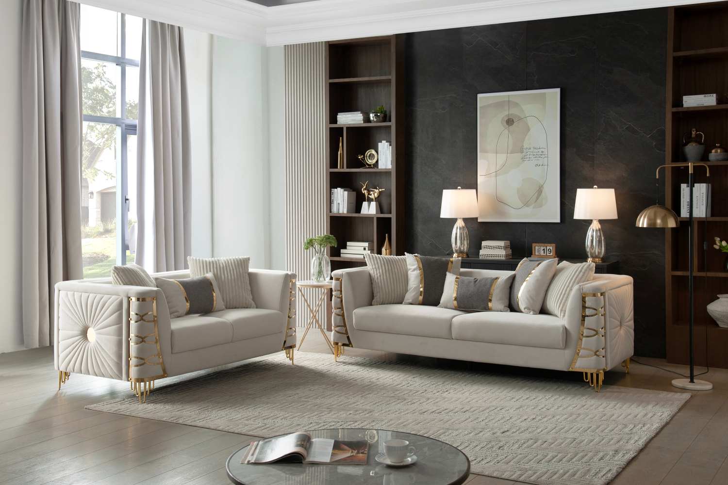 Contessa Beige Fabric Sofa Set with Gold Accents 8125