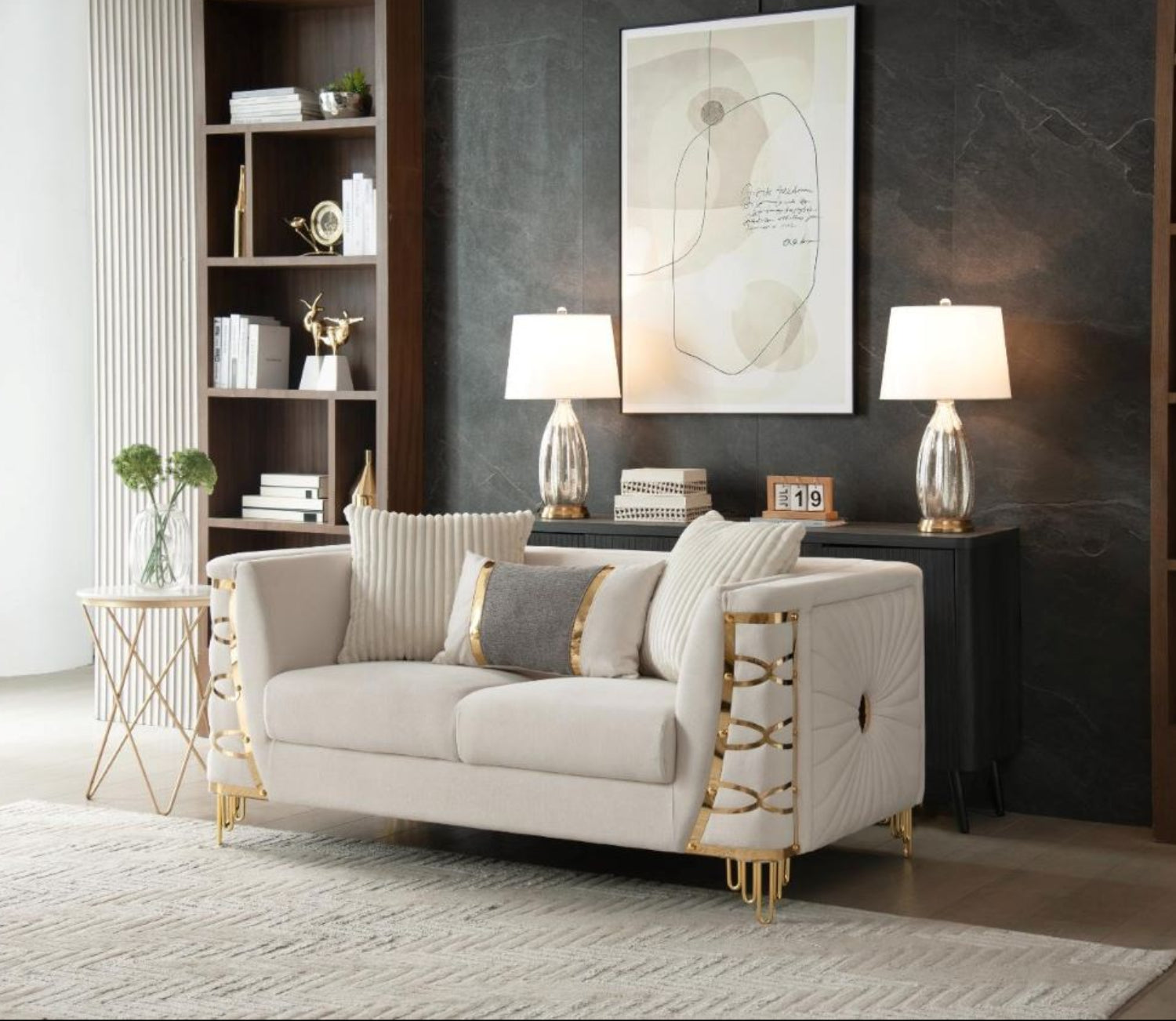Contessa Beige Fabric Sofa Set with Gold Accents 8125