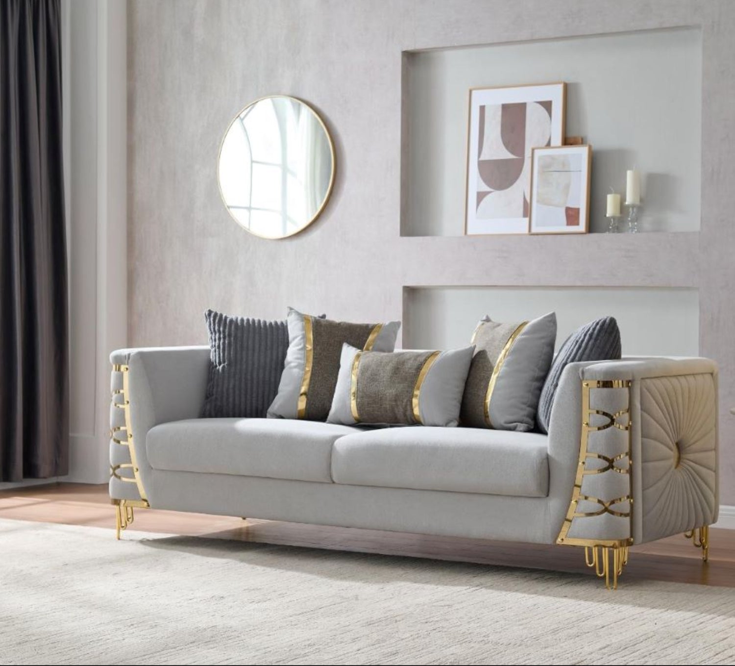 Contessa Grey Fabric Sofa Set with Gold Accents 8125