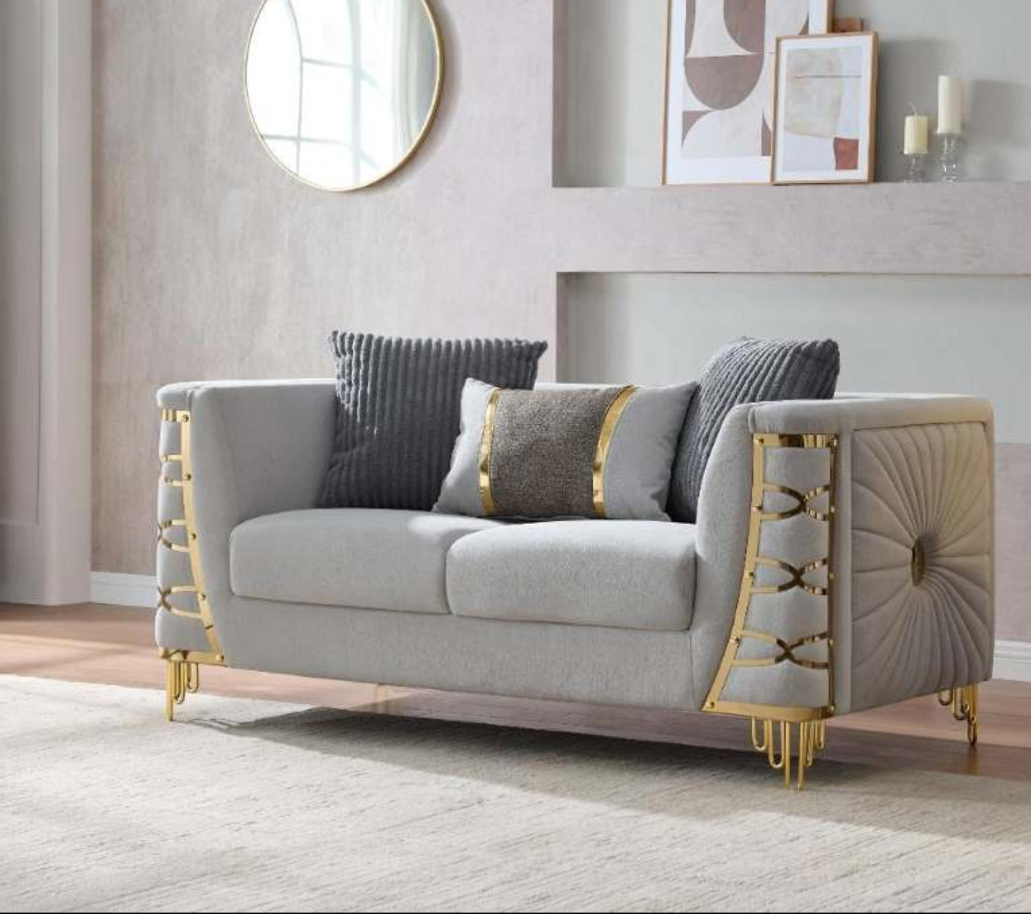 Contessa Grey Fabric Sofa Set with Gold Accents 8125