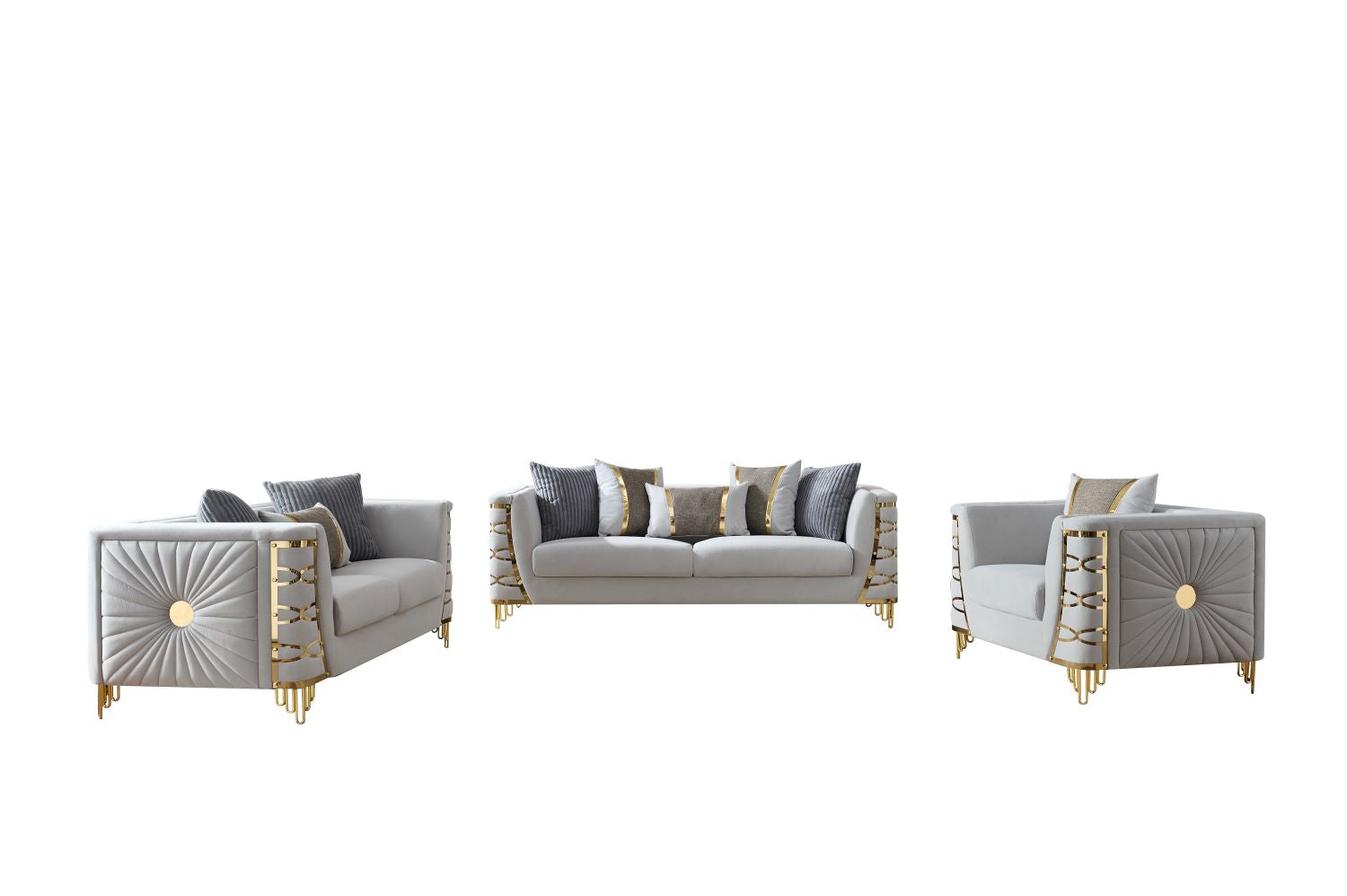 Contessa Grey Fabric Sofa Set with Gold Accents 8125