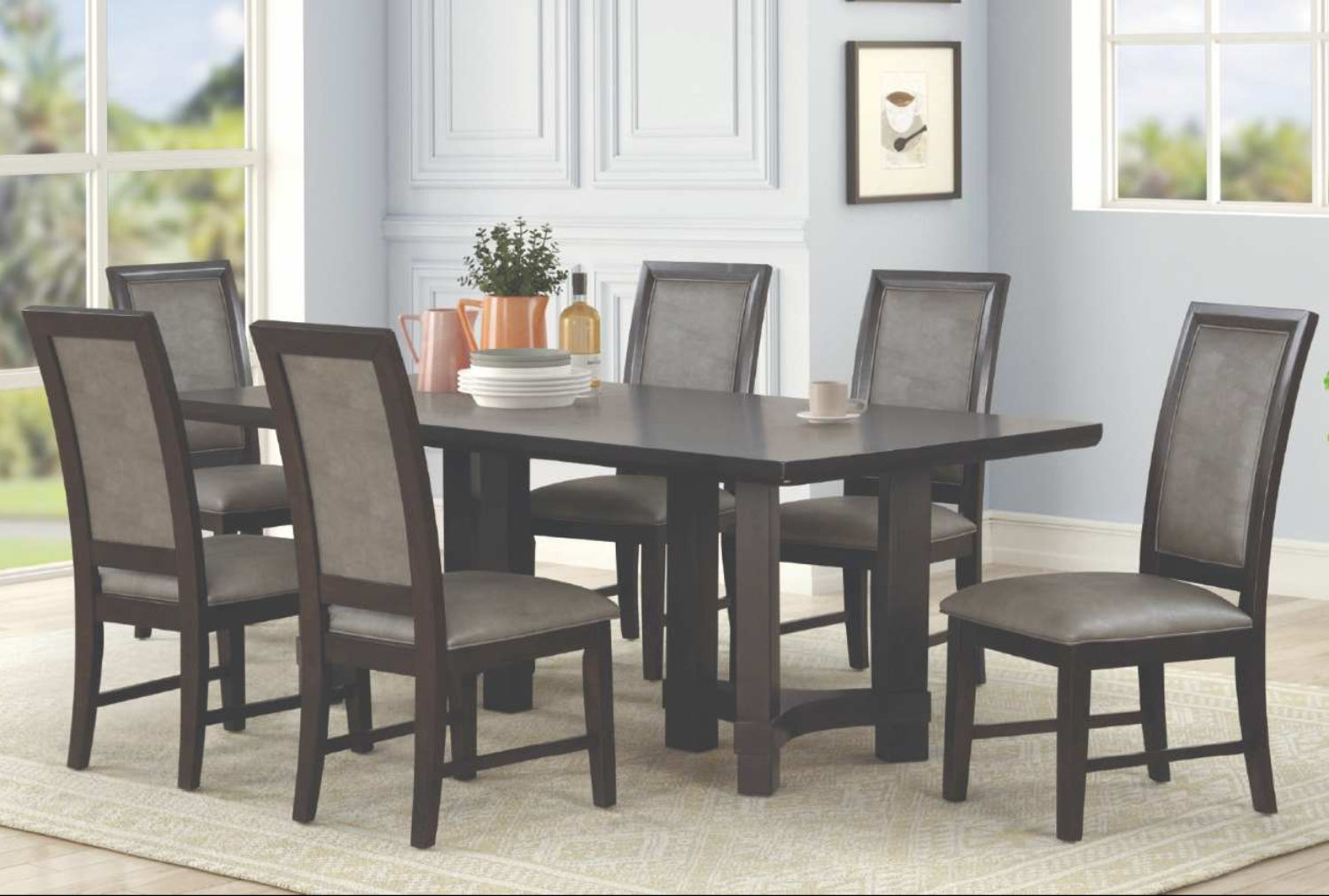 Cora Dark Espresso Wooden Dining Table with 6 PU Leather Chairs 1810