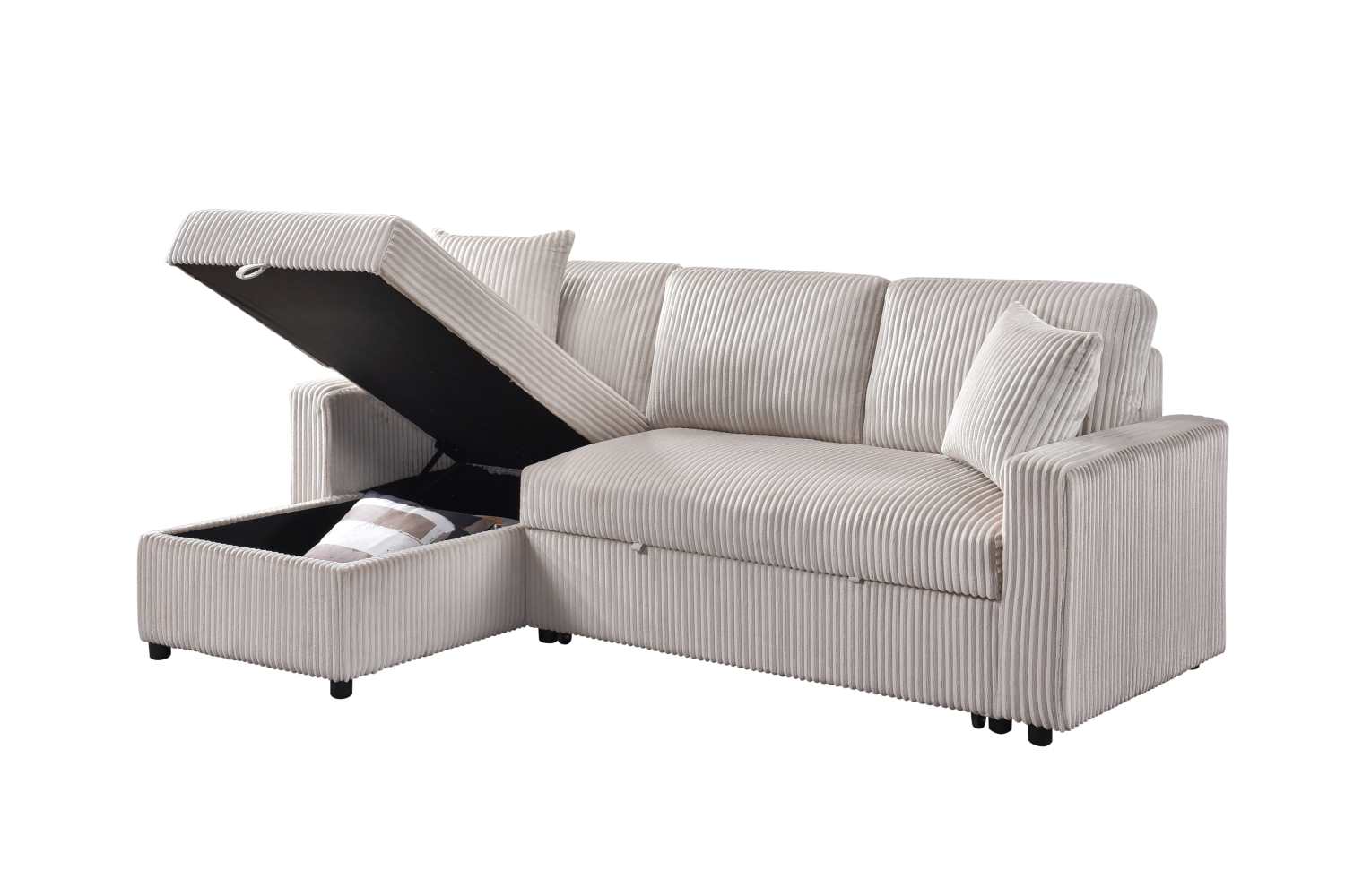 Corduroy Beige Fabric Brecker Reversible Sectional Sofa Bed 99080
