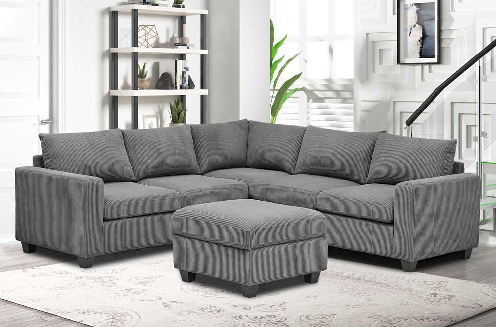 Corduroy Style Fabric Sectional Sofa With Ottoman Grey 1236