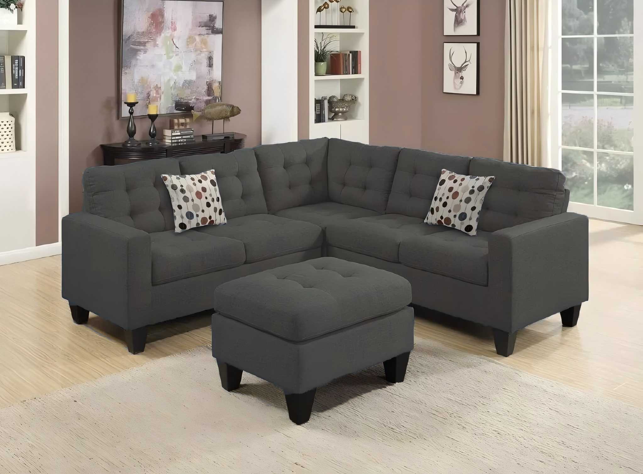 Costa Reversible Grey Fabric Sectional Sofa With Storage Ottoman