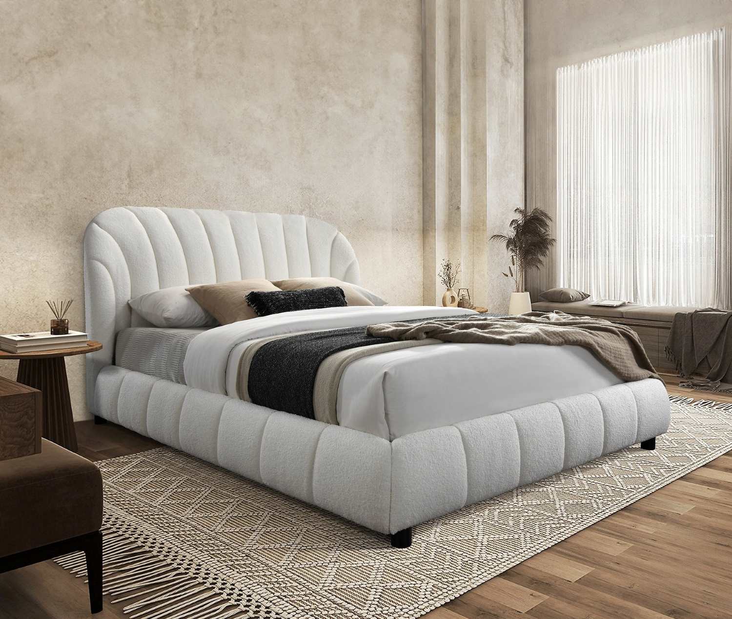 Cream Boucle Fabric Platform Bed With Black Steel Legs 5925