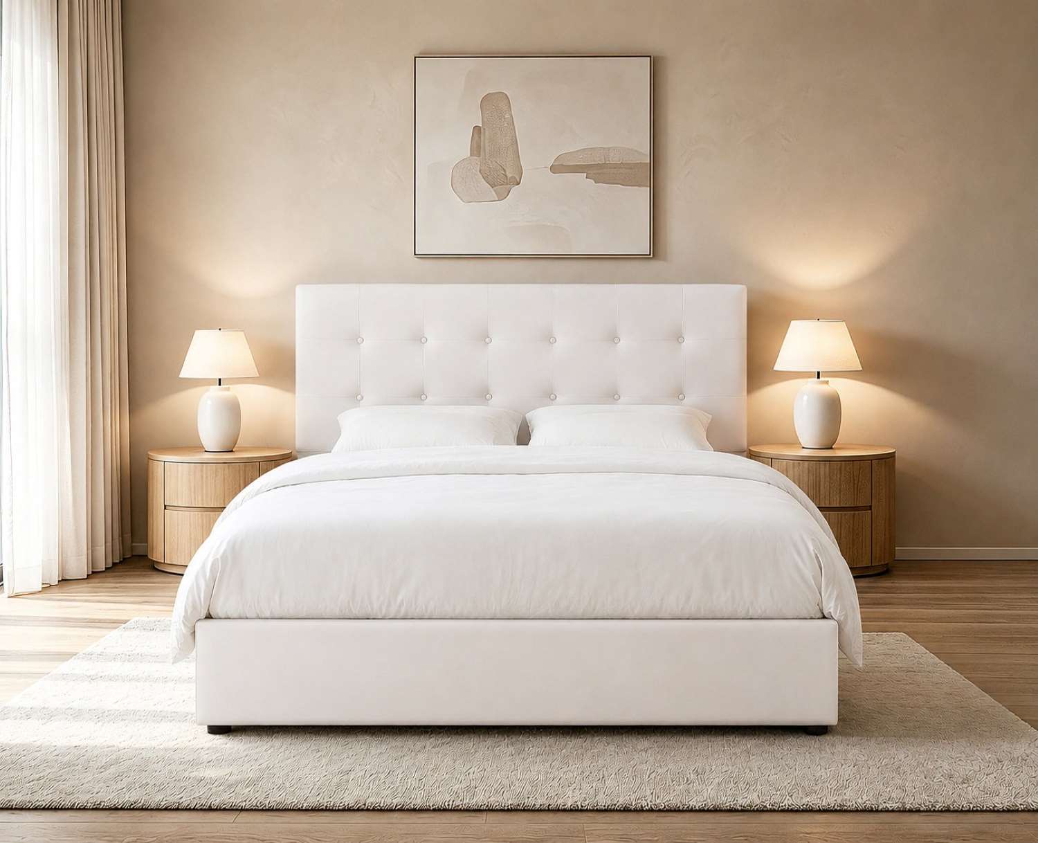 Cream Fabric Upholstered Hydraulic Lift-Up Storage Bed 5446