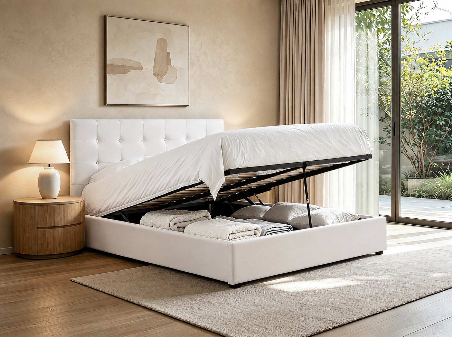 Cream Fabric Upholstered Hydraulic Lift-Up Storage Bed 5446