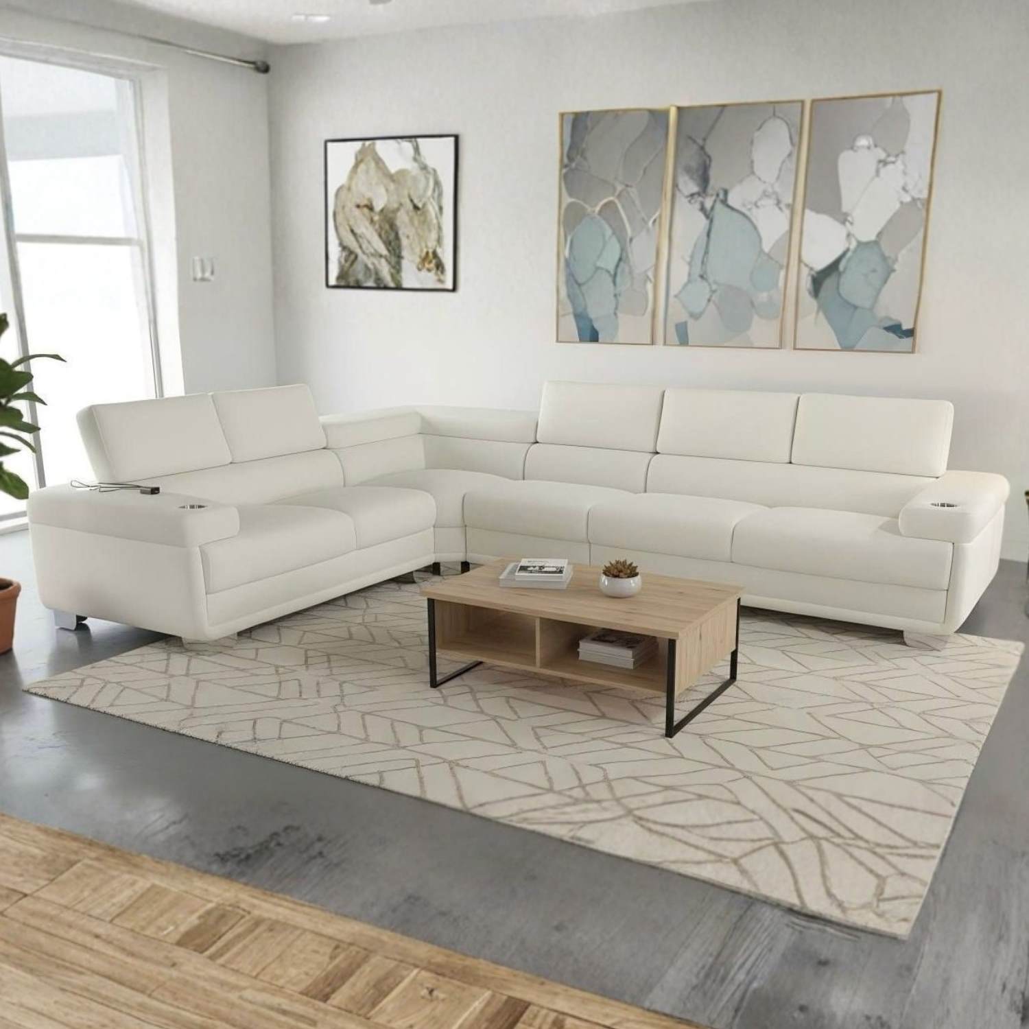 Cream Teddy Fleece Reversible Sectional Sofa with Cup Holders 2502