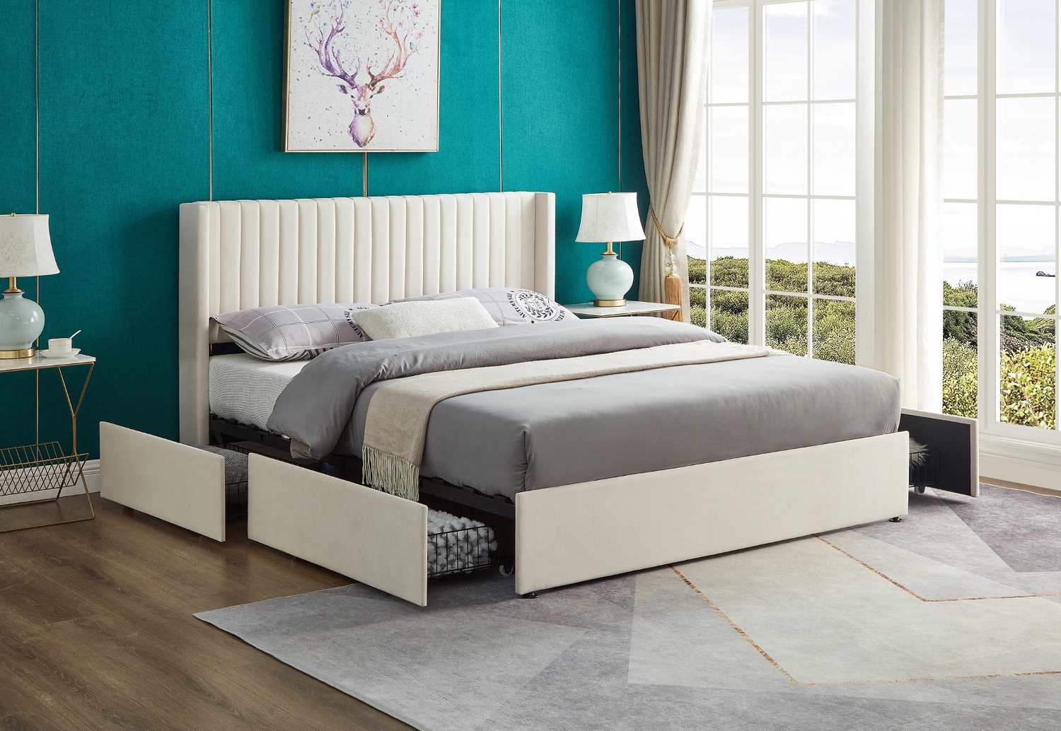 Cream Velvet Platform Bed With Contemporary Wingback Headboard 5407