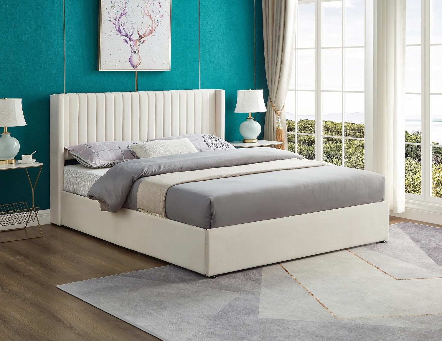 Cream Velvet Platform Bed With Contemporary Wingback Headboard 5407