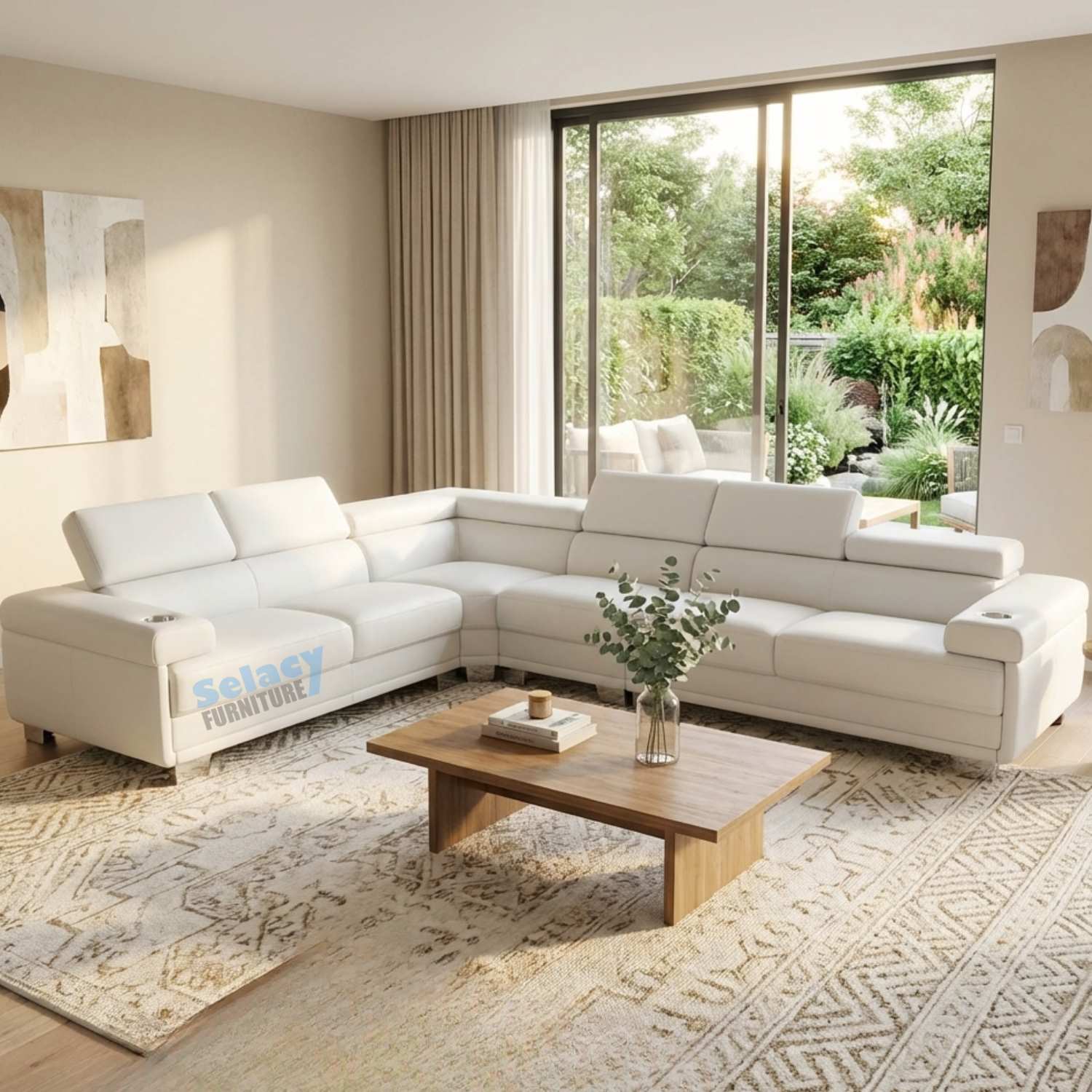 Cream Teddy Fleece Reversible Sectional Sofa with Cup Holders 2502