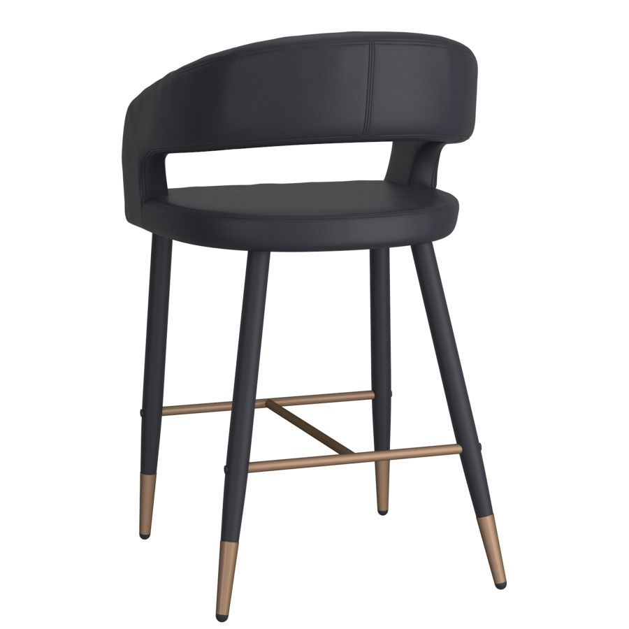 Crimson 26" Counter Stool, Set of 2, in Black Faux Leather and Black and Aged Gold 203-096