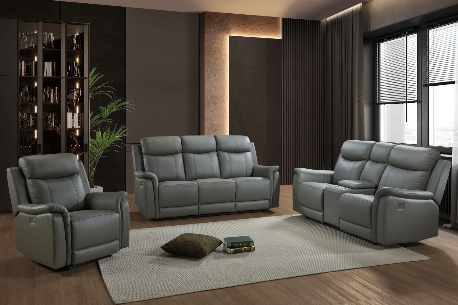 Cyrus Top Grain Leather Power Reclining Sofa Set Grey 99840