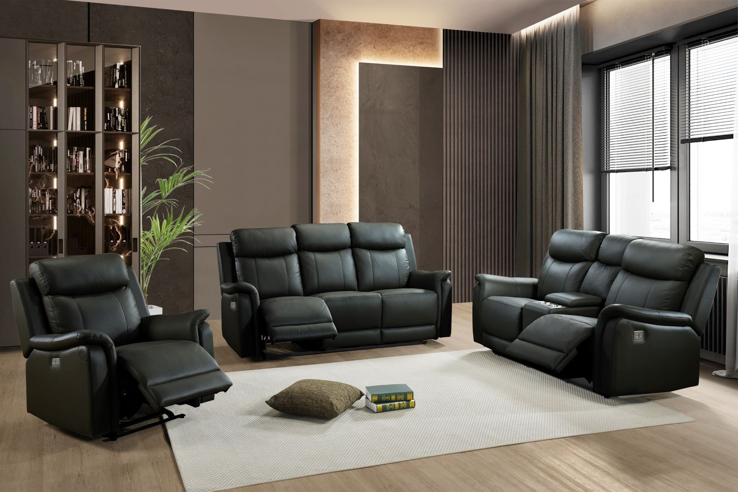 Cyrus Top Grain Leather Power Reclining Sofa Set Black 99840