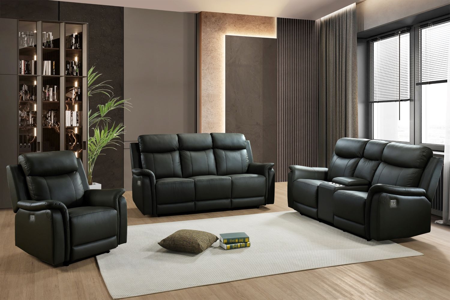 Cyrus Top Grain Leather Power Reclining Sofa Set Black 99840