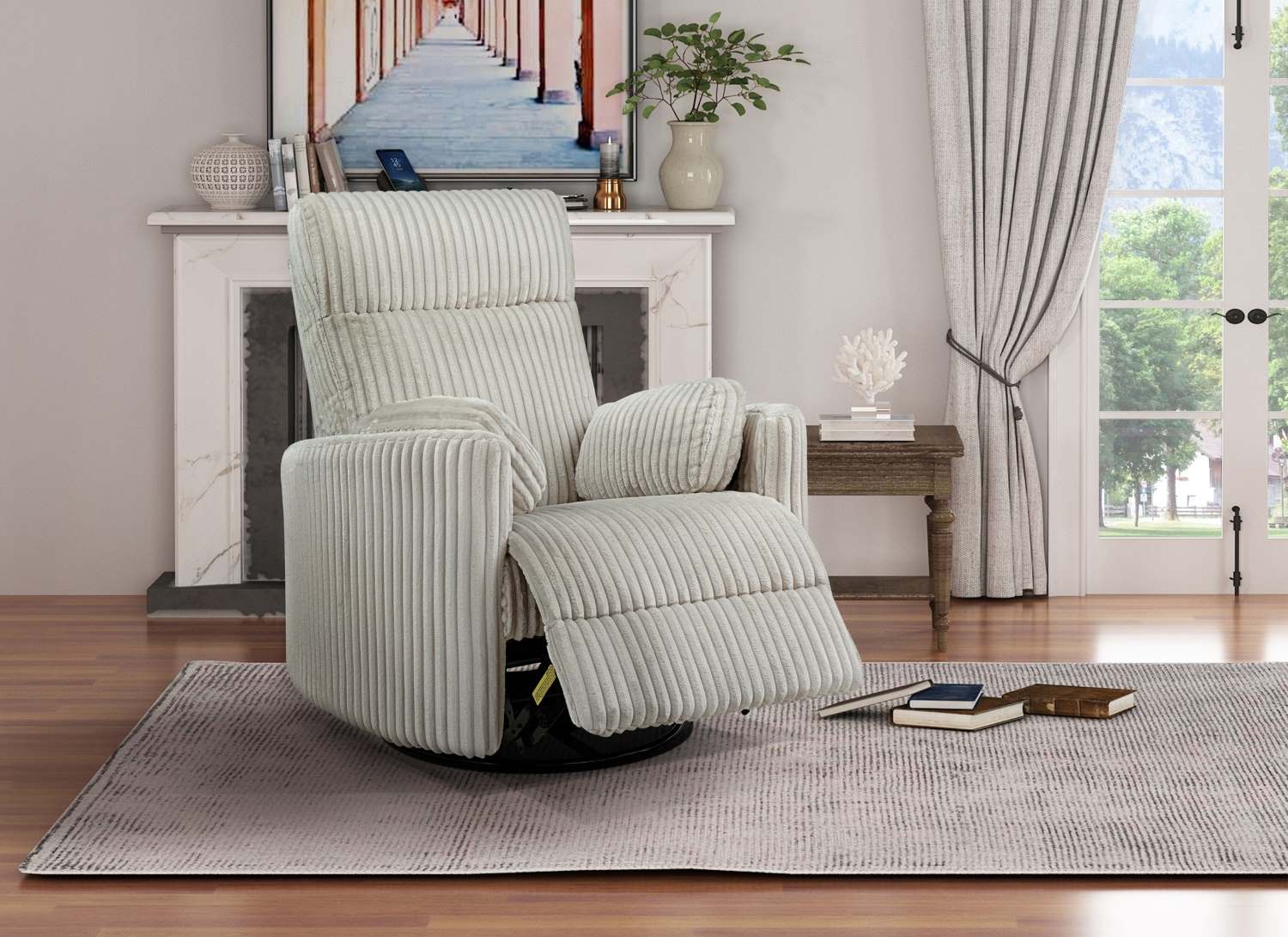 Dancy Corduroy Fabric Swivel Glider Recliner Ivory 99615