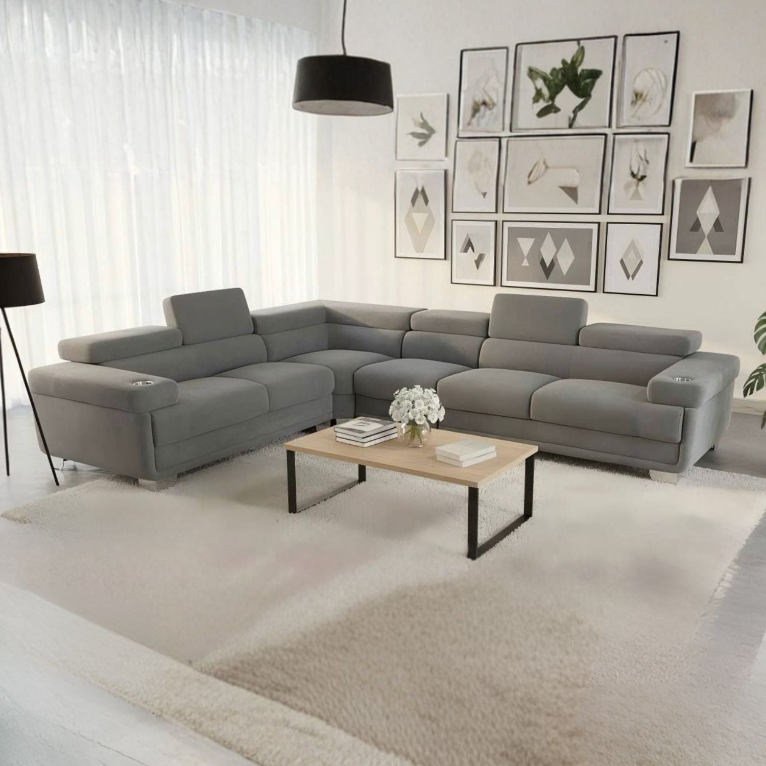 Dark Grey Teddy Fleece Reversible Sectional Sofa with Cup Holders 2502