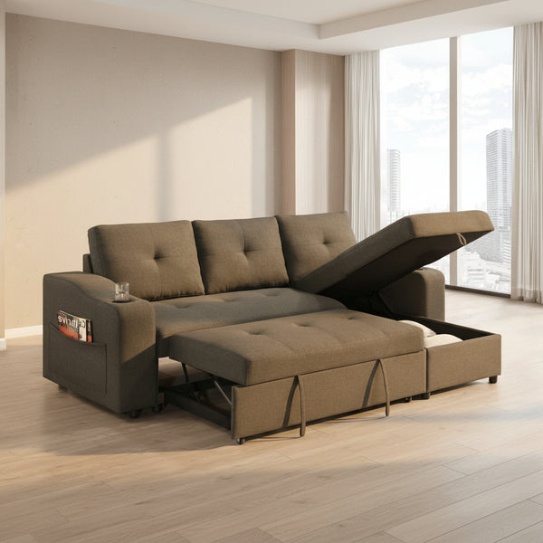 Gray sectional sofa with storage drawers in a modern living room.