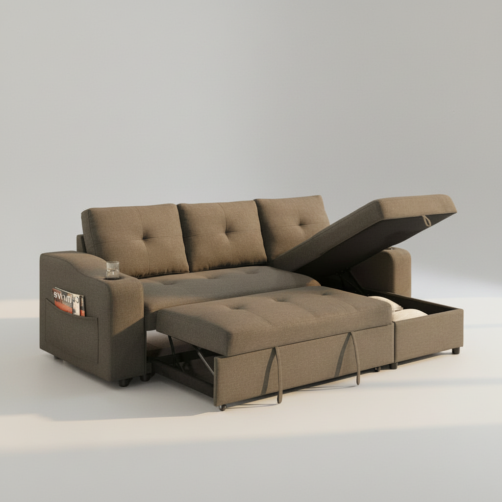 Decker Espresso Grey Fabric Reversible Sectional Sofa Bed 99034