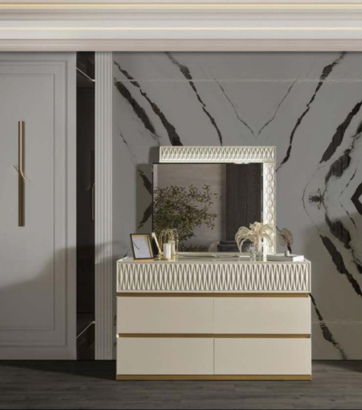 Delfano Gold and Cream Lacquer Finish Bedroom Set 1761
