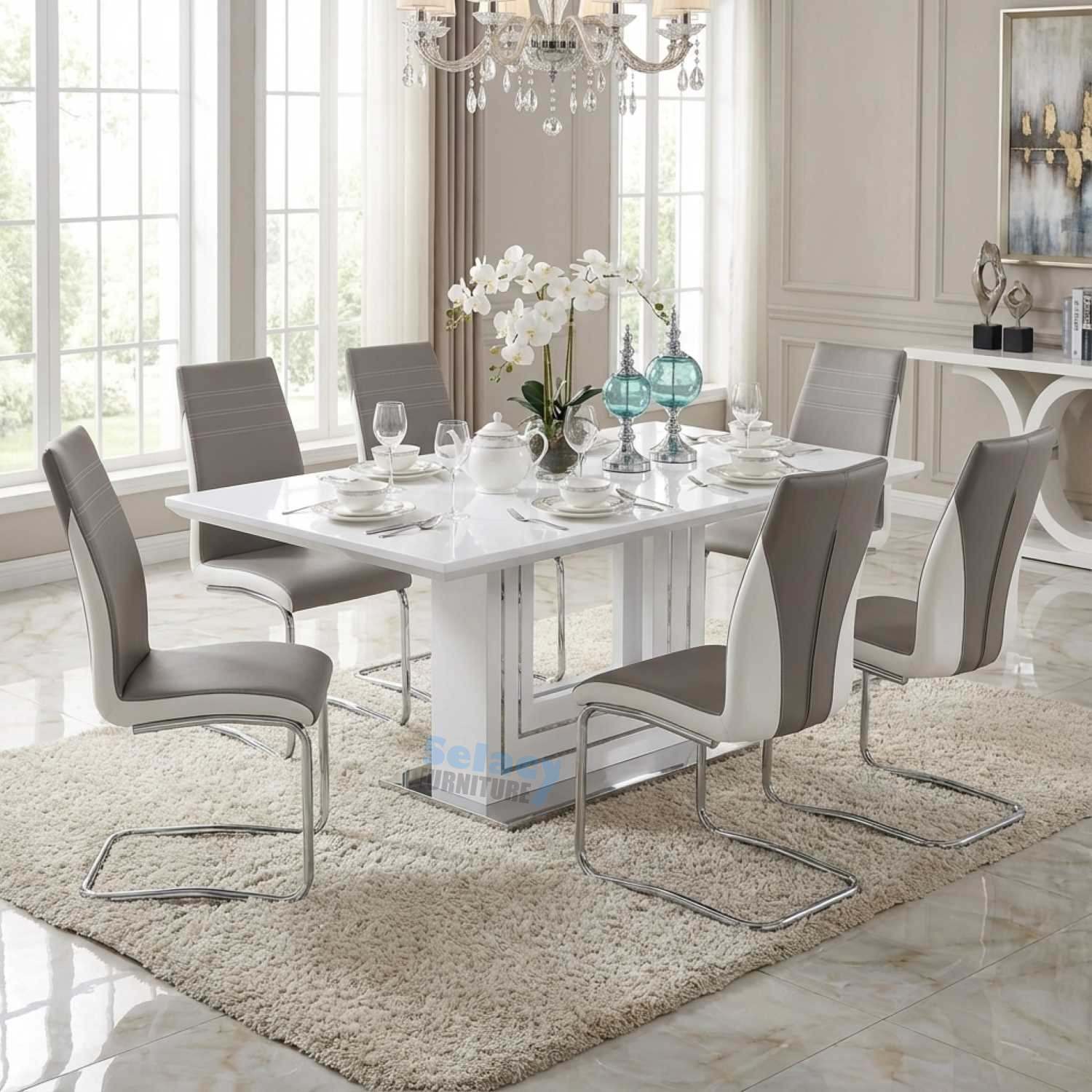 Denver White Lacquer 7pc Dining Set with Tempered Glass Top