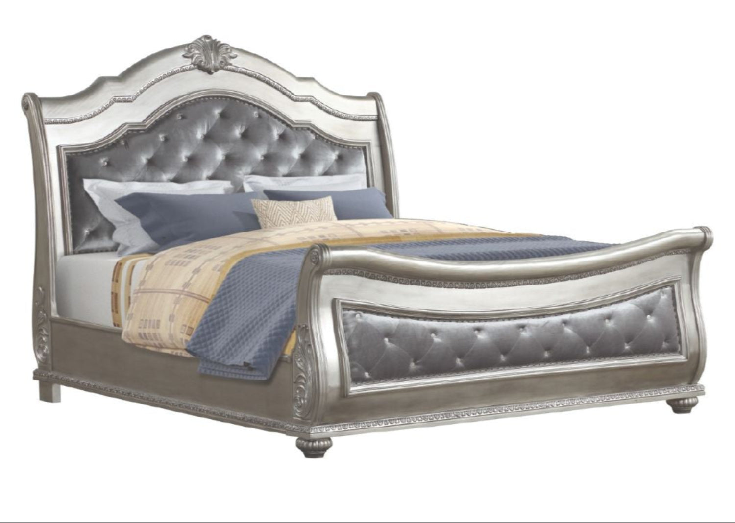 Destiny Silver Bed With Tufted PU Headboard & Footboard 1171