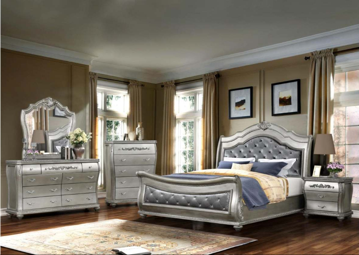 Destiny Silver Bed With Tufted PU Headboard & Footboard 1171