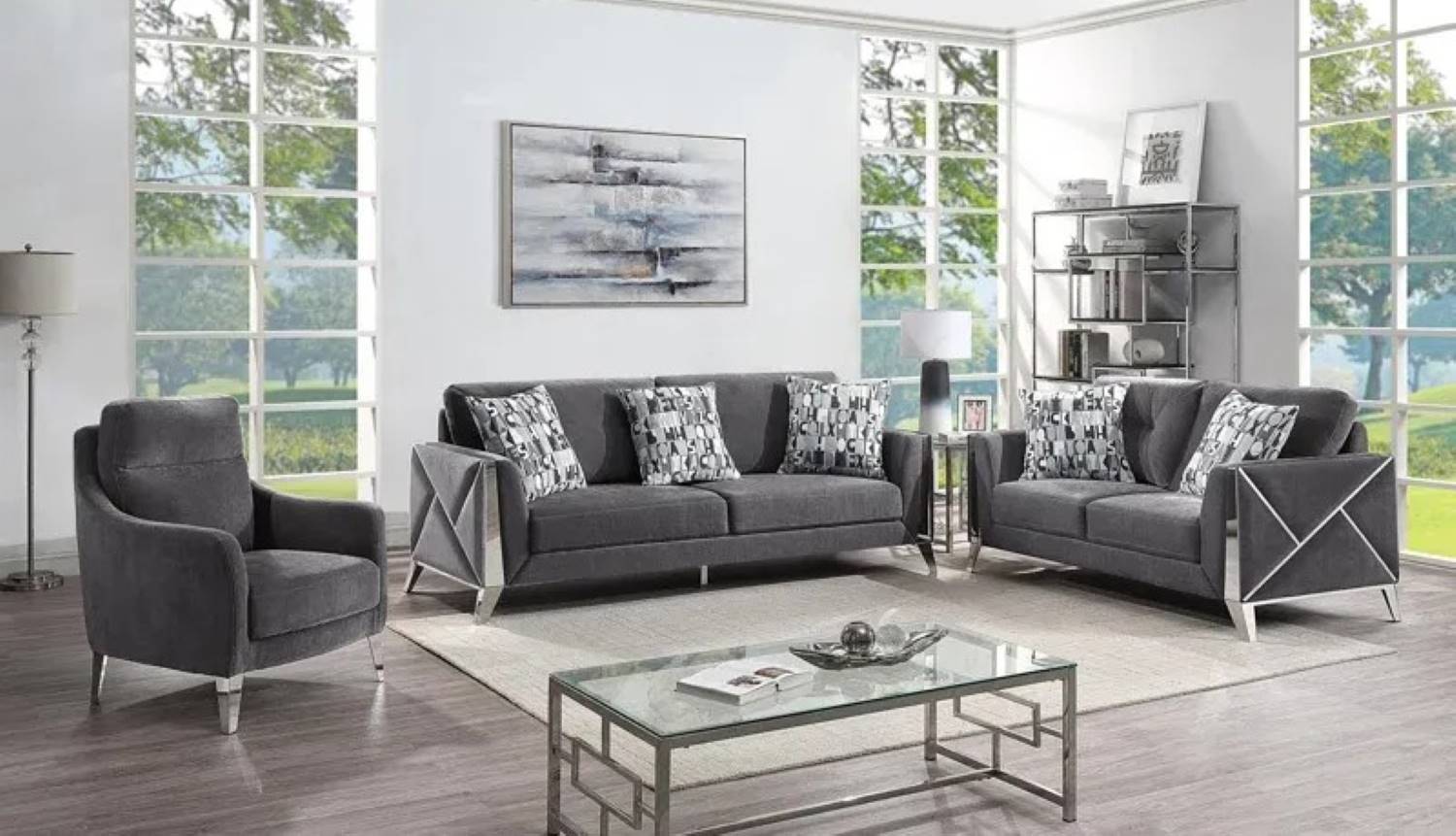 Diana Grey Fabric Sofa Sets with Chrome Accents 5725