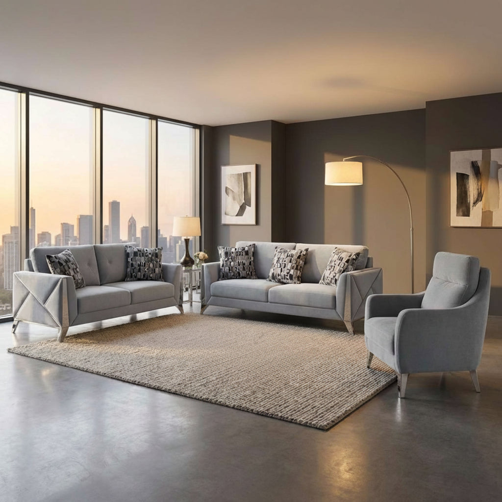 Diana Silver Fabric Sofa Sets with Chrome Accents 5725