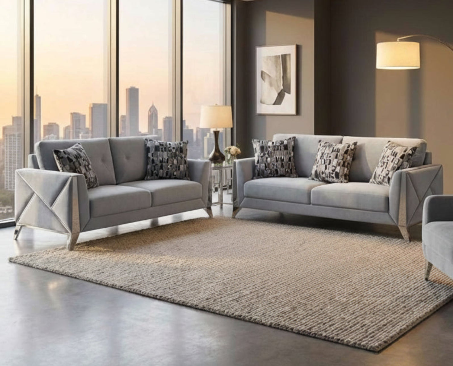 Diana Silver Fabric Sofa Sets with Chrome Accents 5725