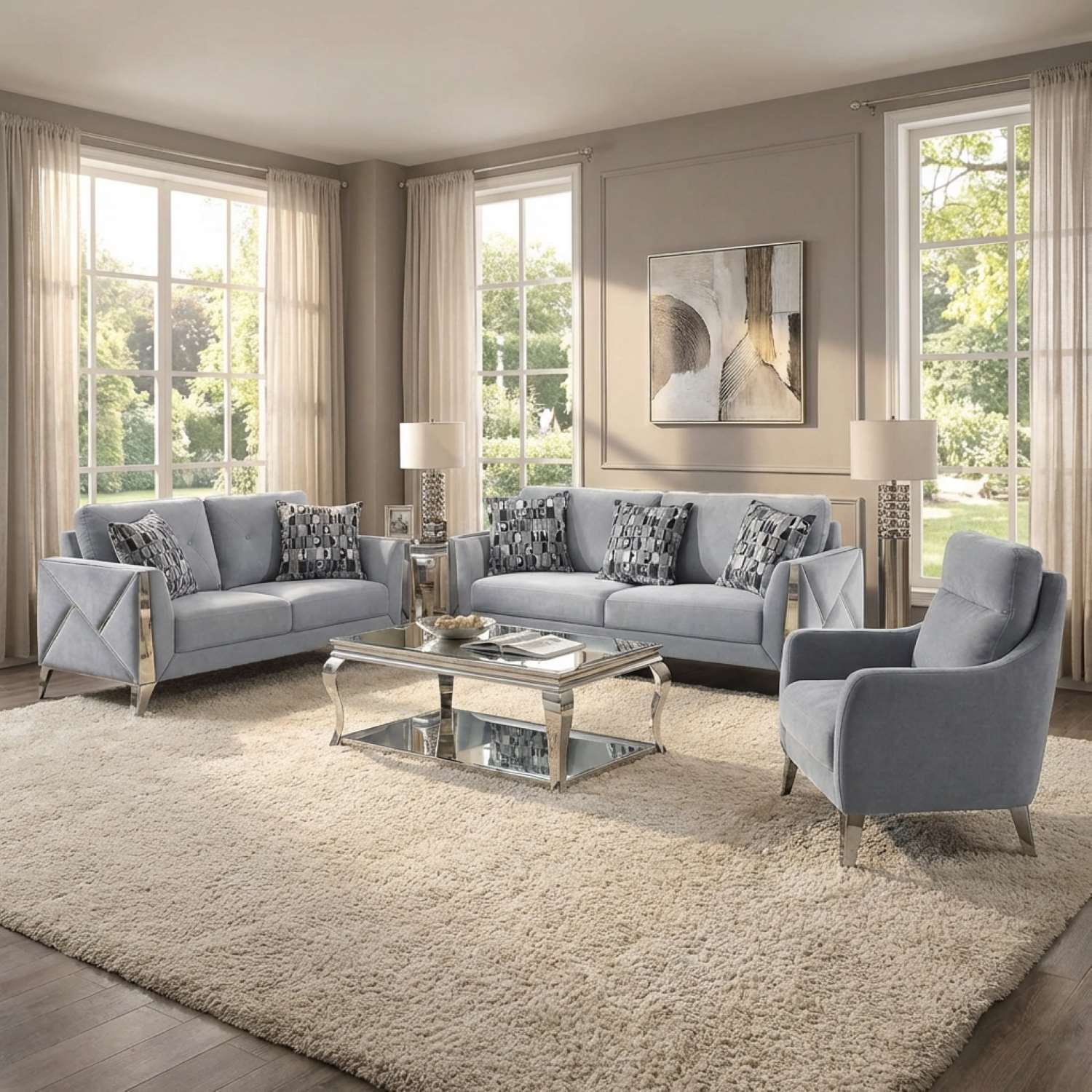 Diana Silver Fabric Sofa Sets with Chrome Accents 5725