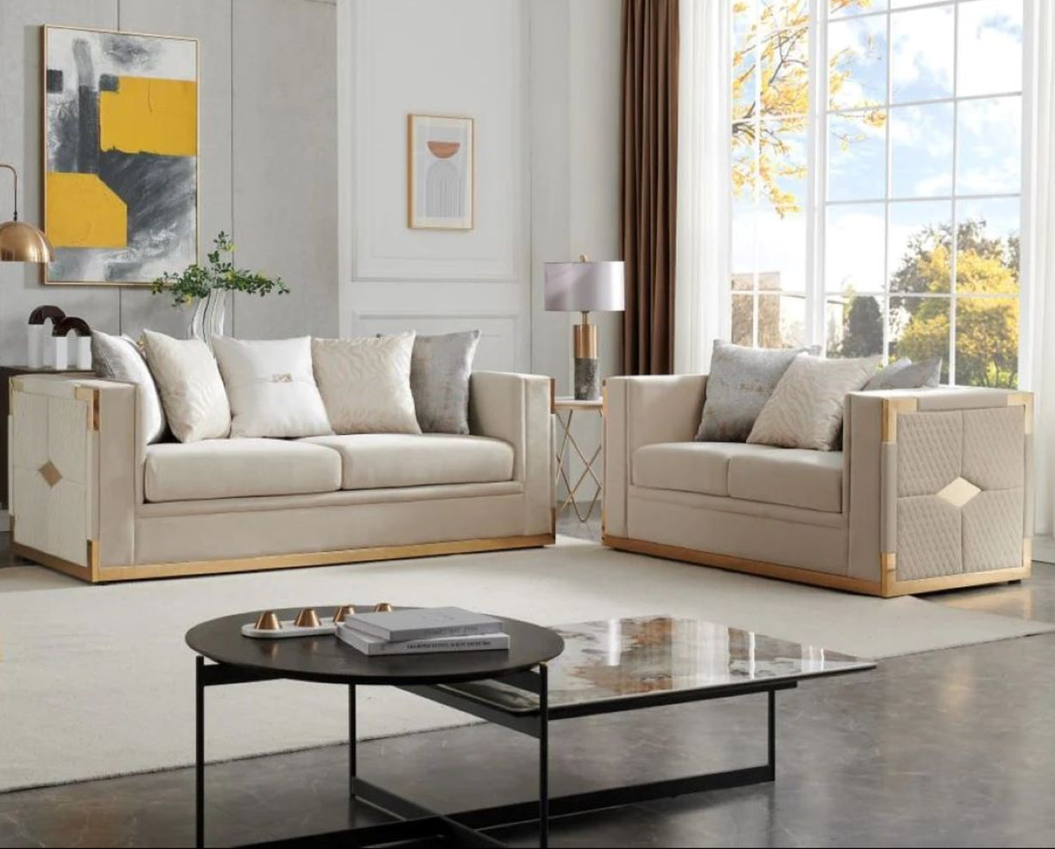 Diva Soft Velvet Fabric Cream Sofa Set with Gold Frame