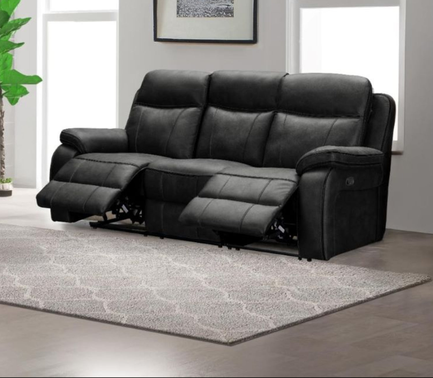 Duke Leather Gel Manual Recliner Dark Grey Sofa Set 2475